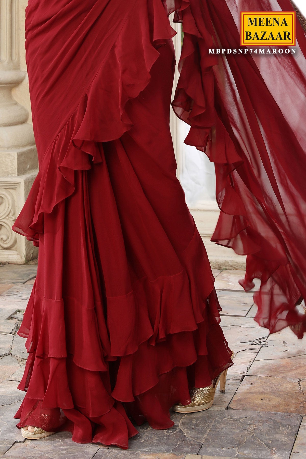 Maroon Georgette Pleated Saree