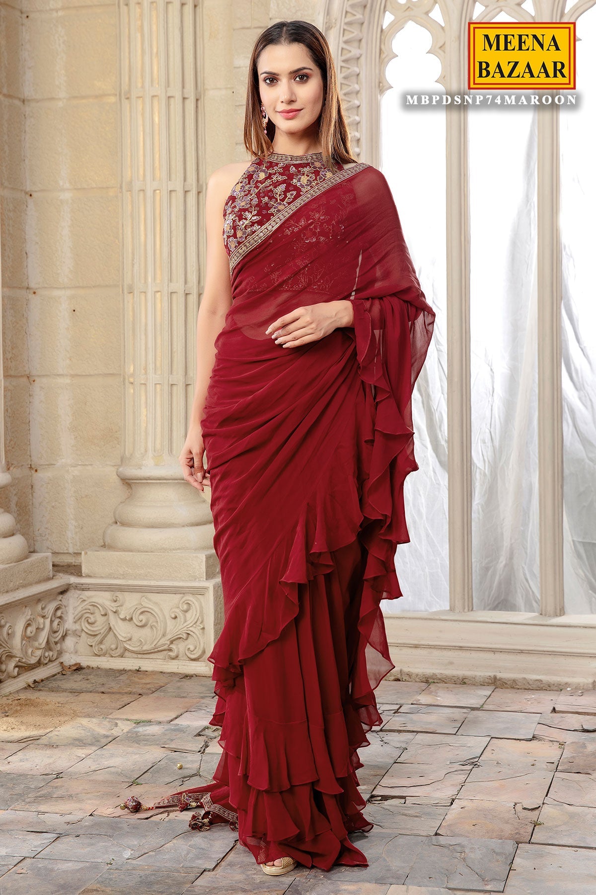 Maroon Georgette Pleated Saree