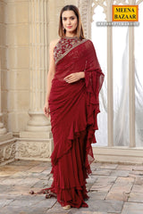 Maroon Georgette Pleated Saree