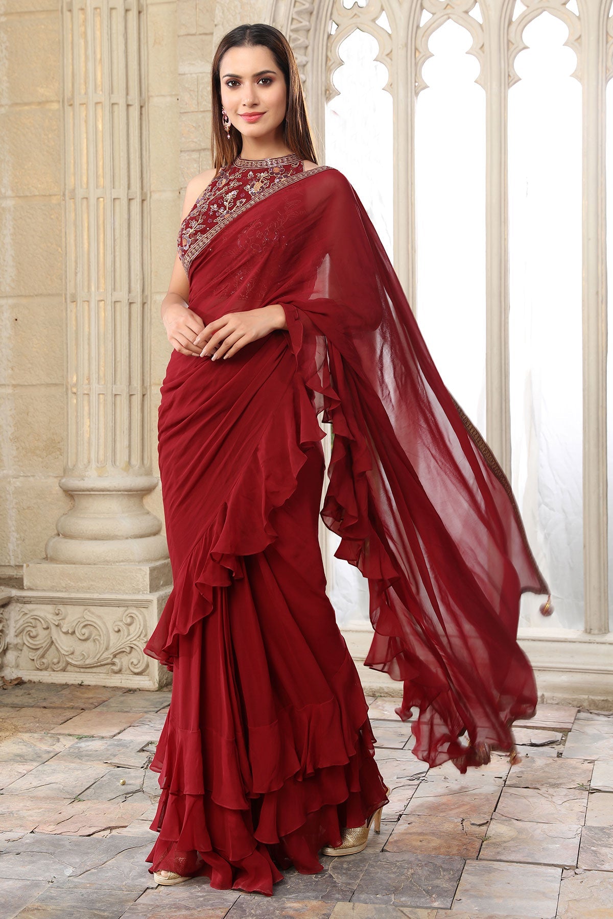 Maroon Georgette Pleated Saree