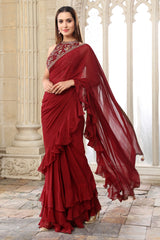 Maroon Georgette Pleated Saree