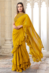 Mustard Georgette Pleated Saree