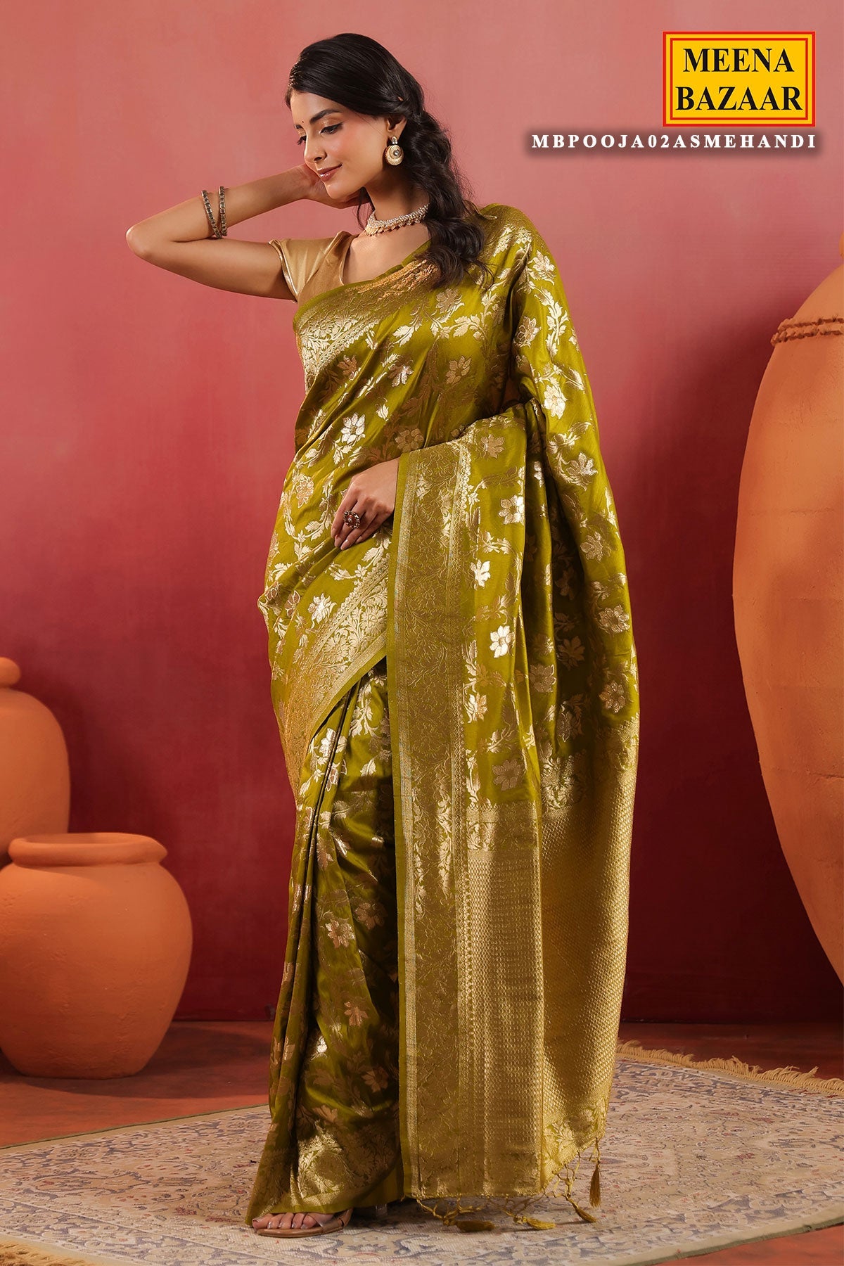 Mehandi Silk Weaving Saree with Traditional Woven Detailing