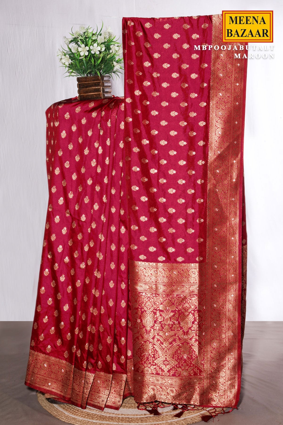 Pooja Butta Maroon Silk Saree with Elegant Weaving Buti