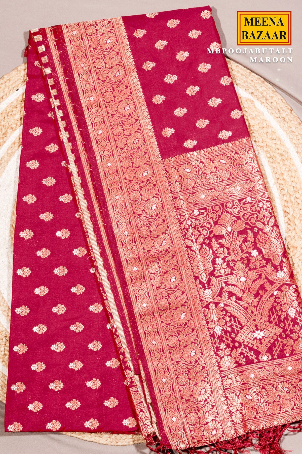 Pooja Butta Maroon Silk Saree with Elegant Weaving Buti