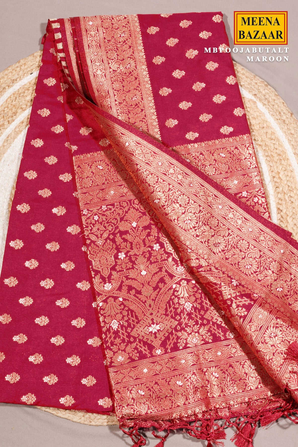 Pooja Butta Maroon Silk Saree with Elegant Weaving Buti