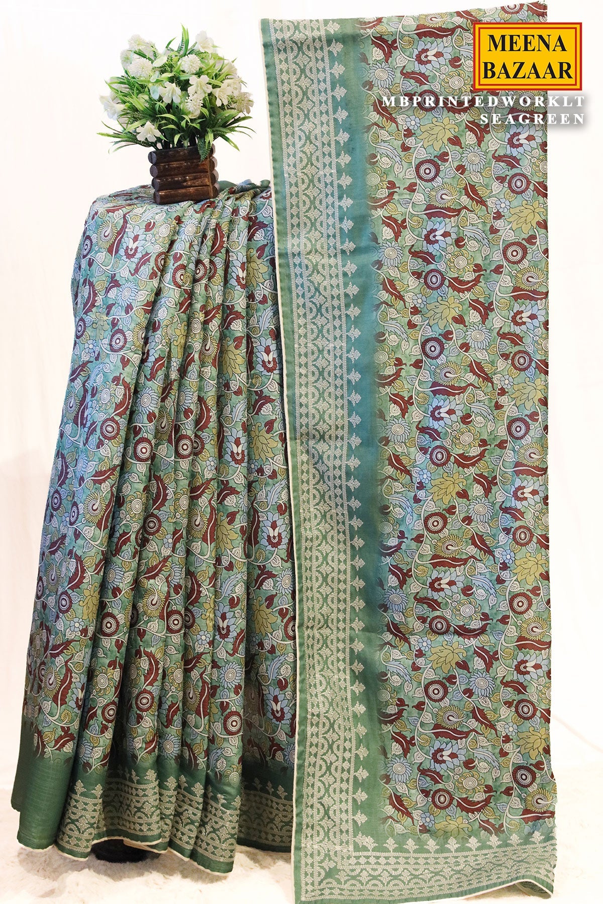 Printed Work Sea Green Cotton Embroidered Border Saree