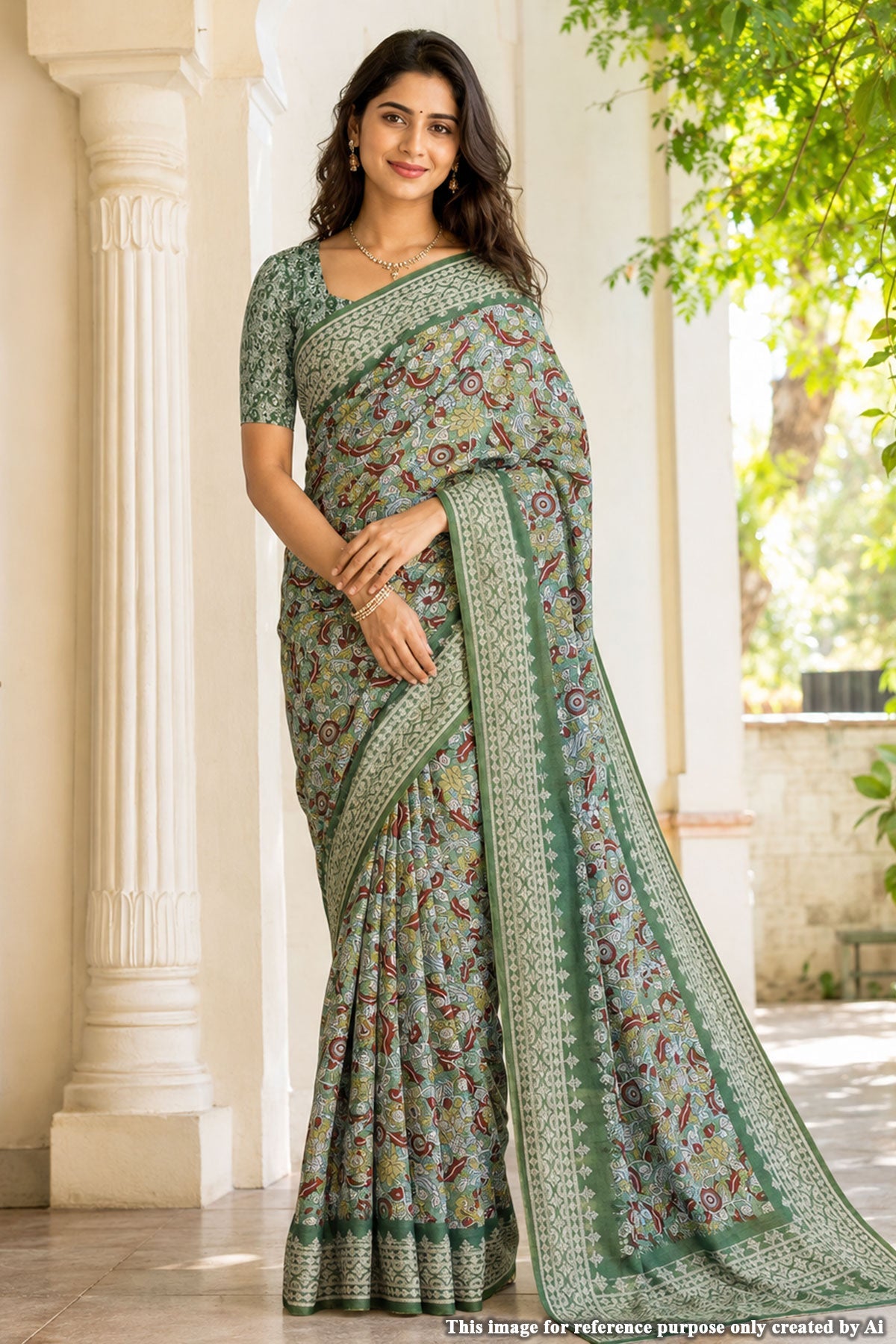 Printed Work Sea Green Cotton Embroidered Border Saree
