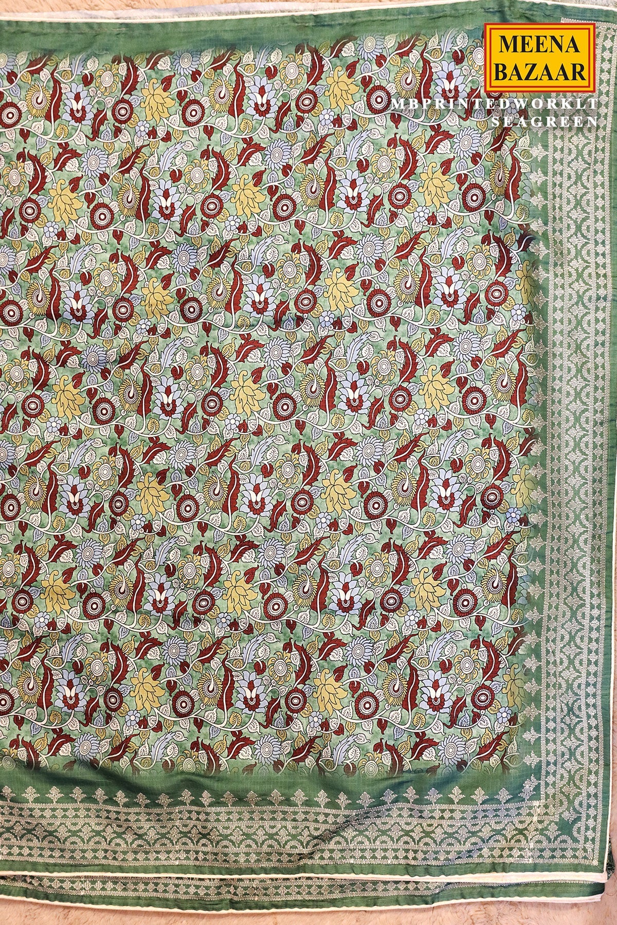 Printed Work Sea Green Cotton Embroidered Border Saree