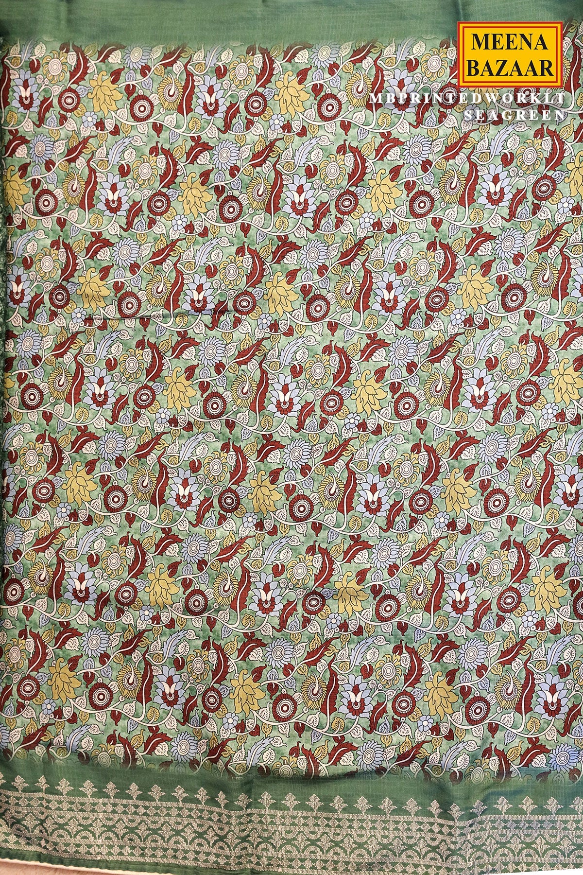 Printed Work Sea Green Cotton Embroidered Border Saree
