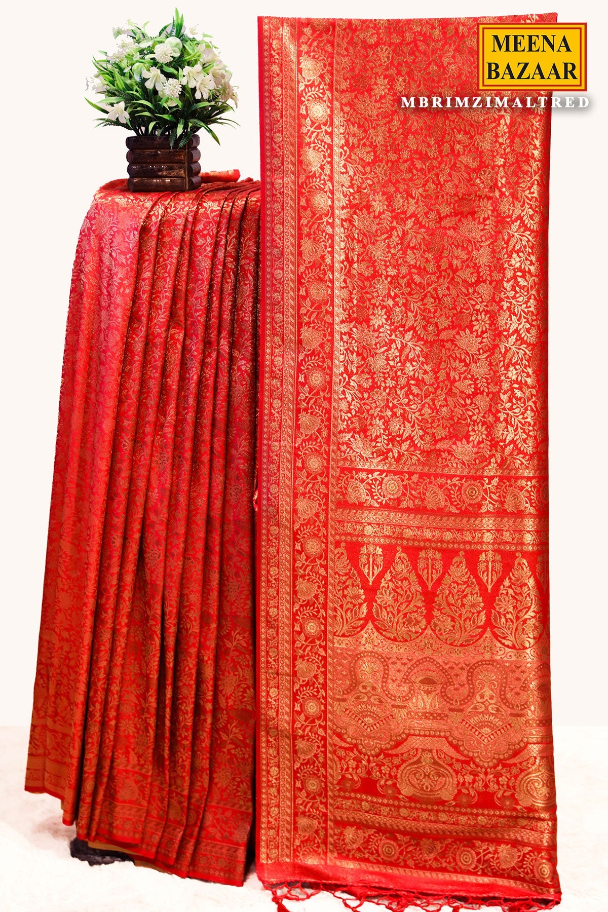 Rimzim Red Silk Weaving Jaal Saree
