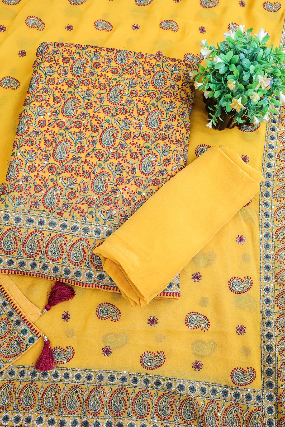 Mustard Resham Thread Embroidered Georgette Unstitched Suit