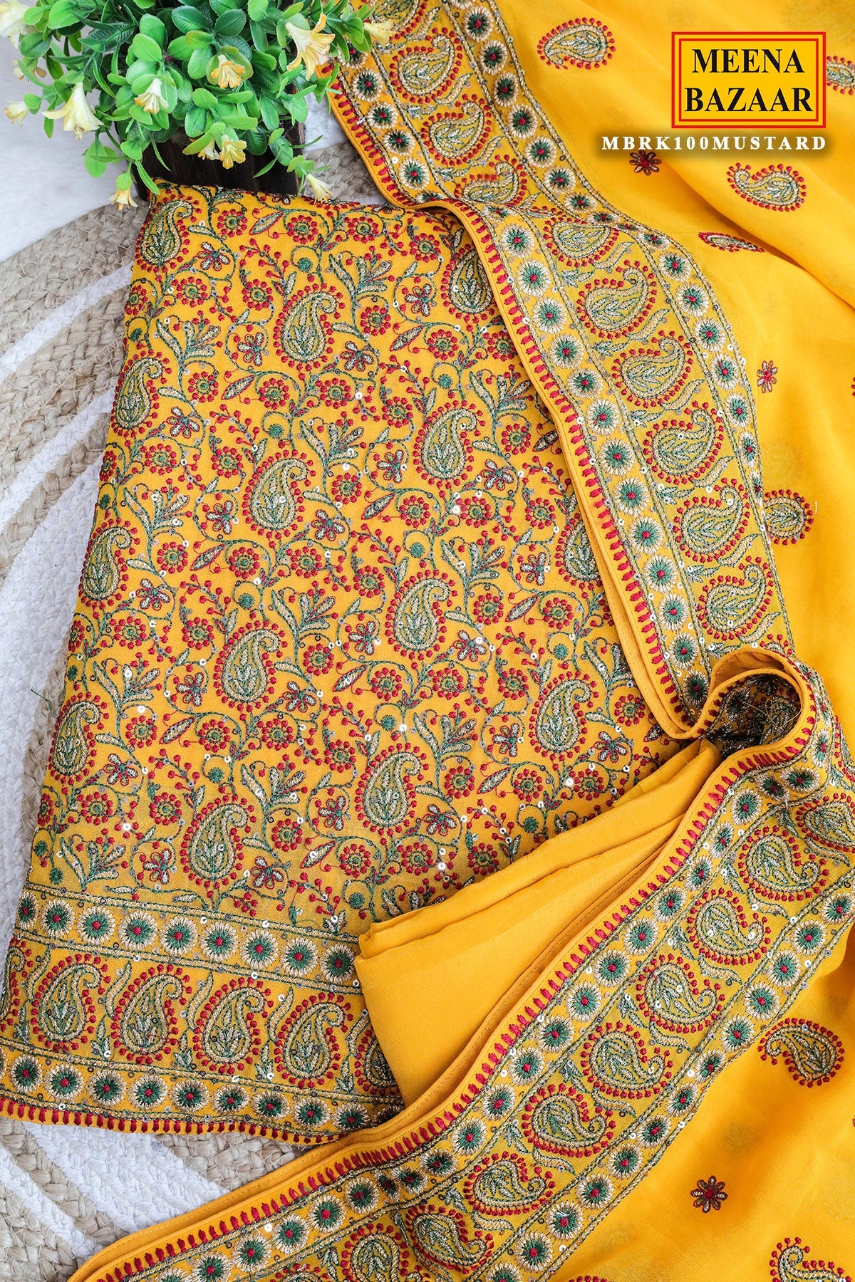 Mustard Resham Thread Embroidered Georgette Unstitched Suit