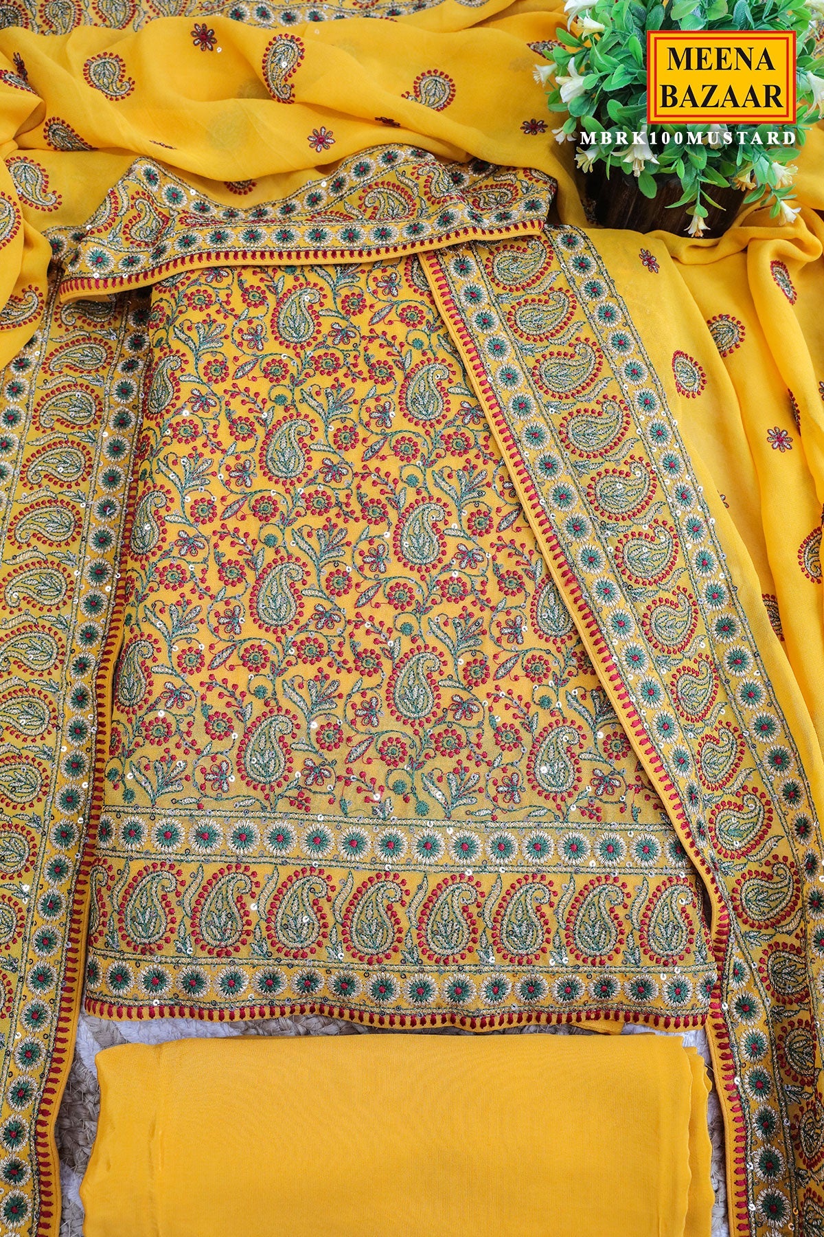 Mustard Resham Thread Embroidered Georgette Unstitched Suit