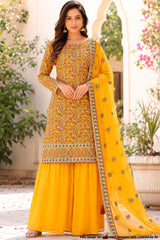 Mustard Resham Thread Embroidered Georgette Unstitched Suit