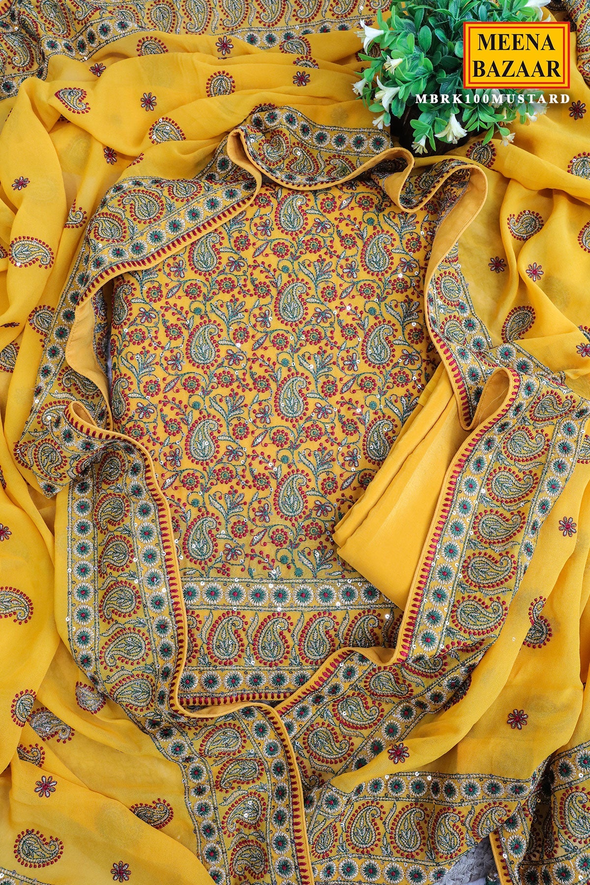 Mustard Resham Thread Embroidered Georgette Unstitched Suit