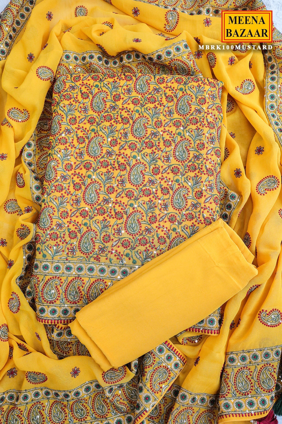 Mustard Resham Thread Embroidered Georgette Unstitched Suit