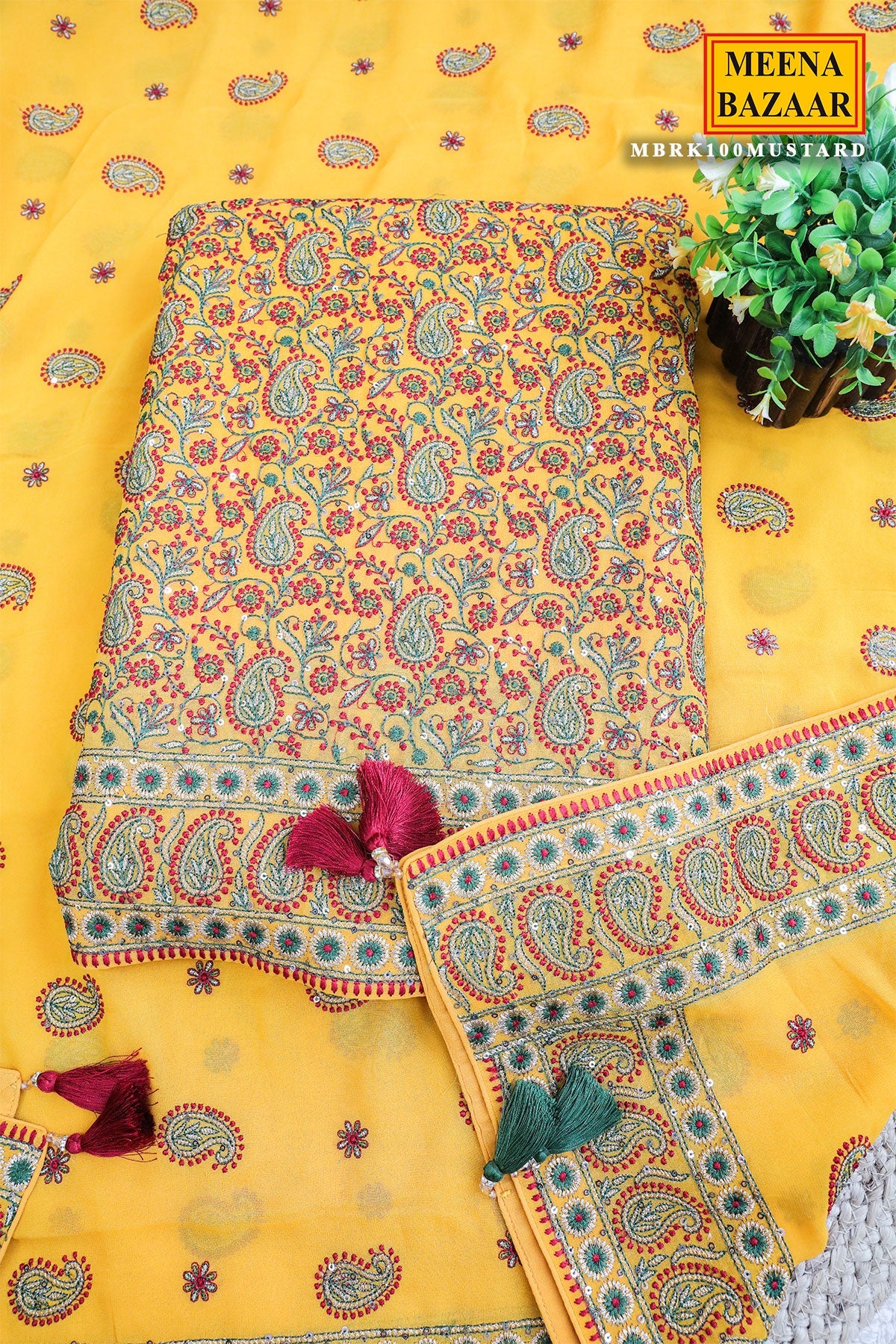Mustard Resham Thread Embroidered Georgette Unstitched Suit