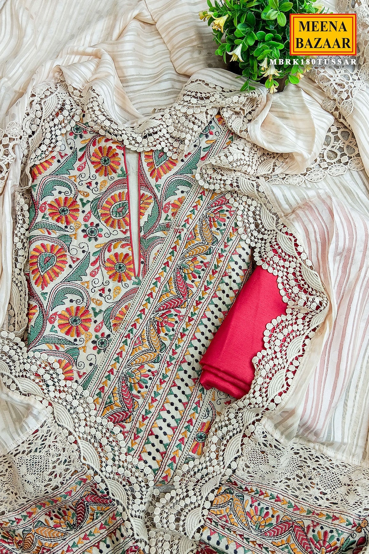 Resham Multi Thread Embroidered Unstiched Beige Silk Suit