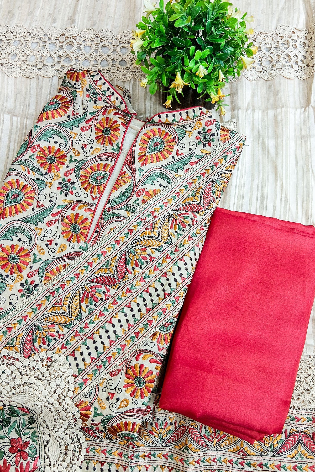 Resham Multi Thread Embroidered Unstiched Beige Silk Suit