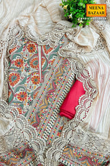 Resham Multi Thread Embroidered Unstiched Beige Silk Suit