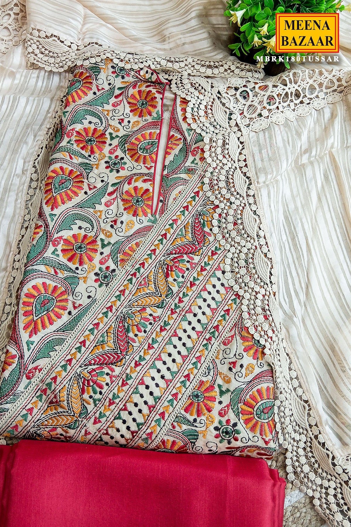 Resham Multi Thread Embroidered Unstiched Beige Silk Suit