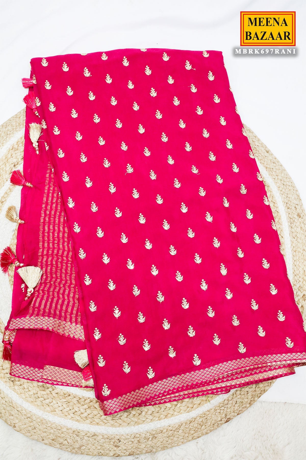 Rani Pink Chiffon Saree with Delicate Border and Elegant Drape