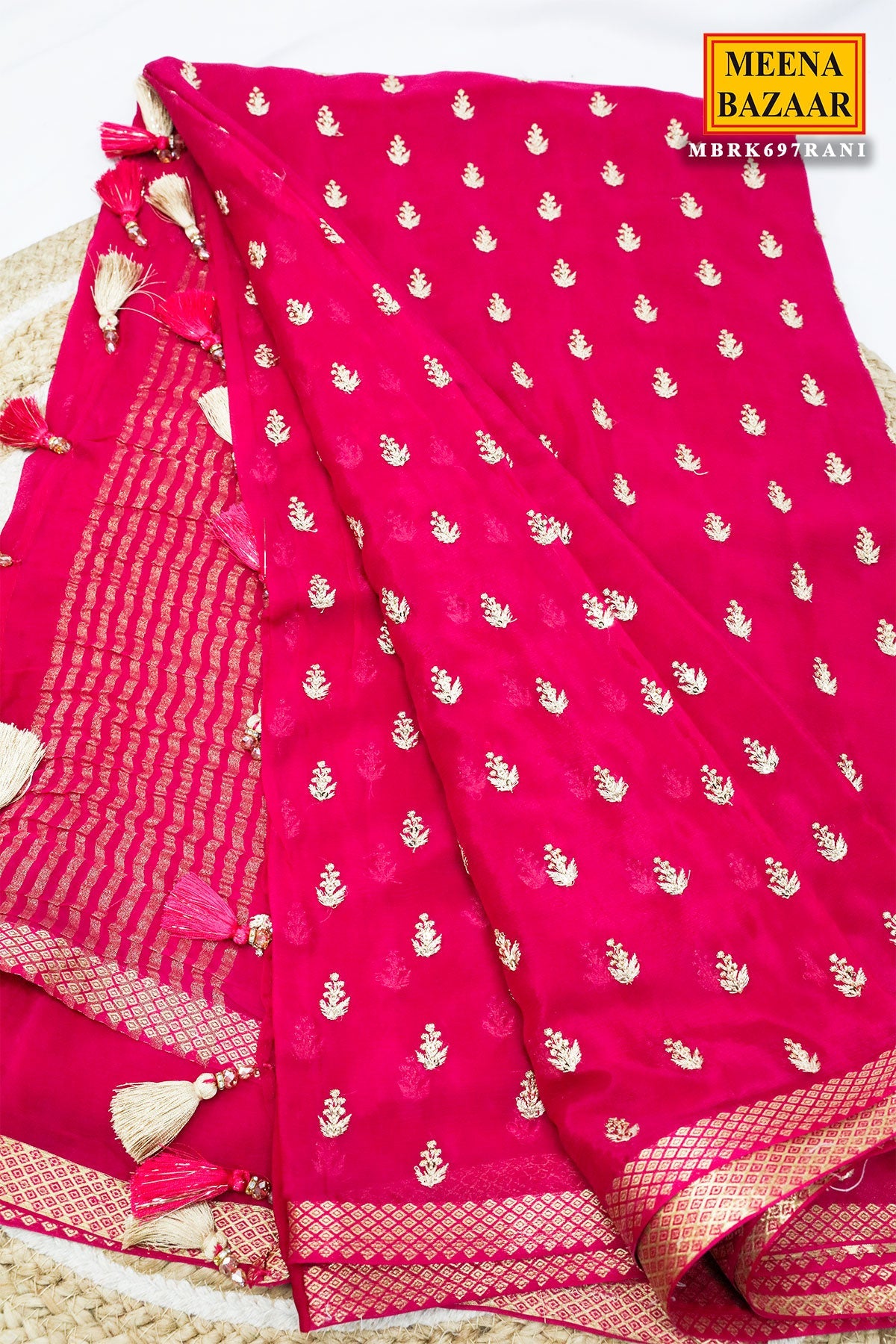 Rani Pink Chiffon Saree with Delicate Border and Elegant Drape