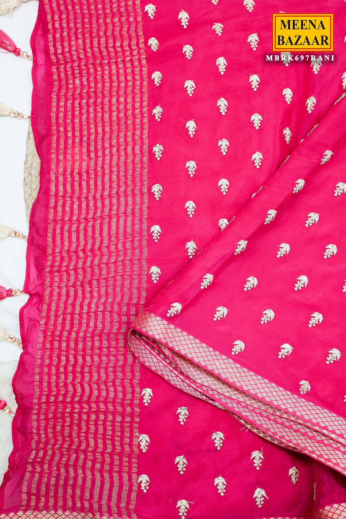 Rani Pink Chiffon Saree with Delicate Border and Elegant Drape