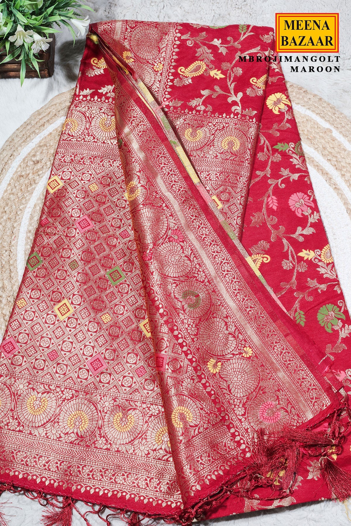 Maroon Silk Saree with Jaal Weaving
