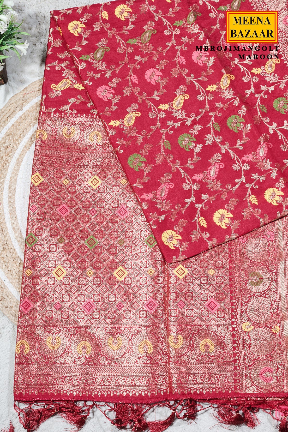 Maroon Silk Saree with Jaal Weaving