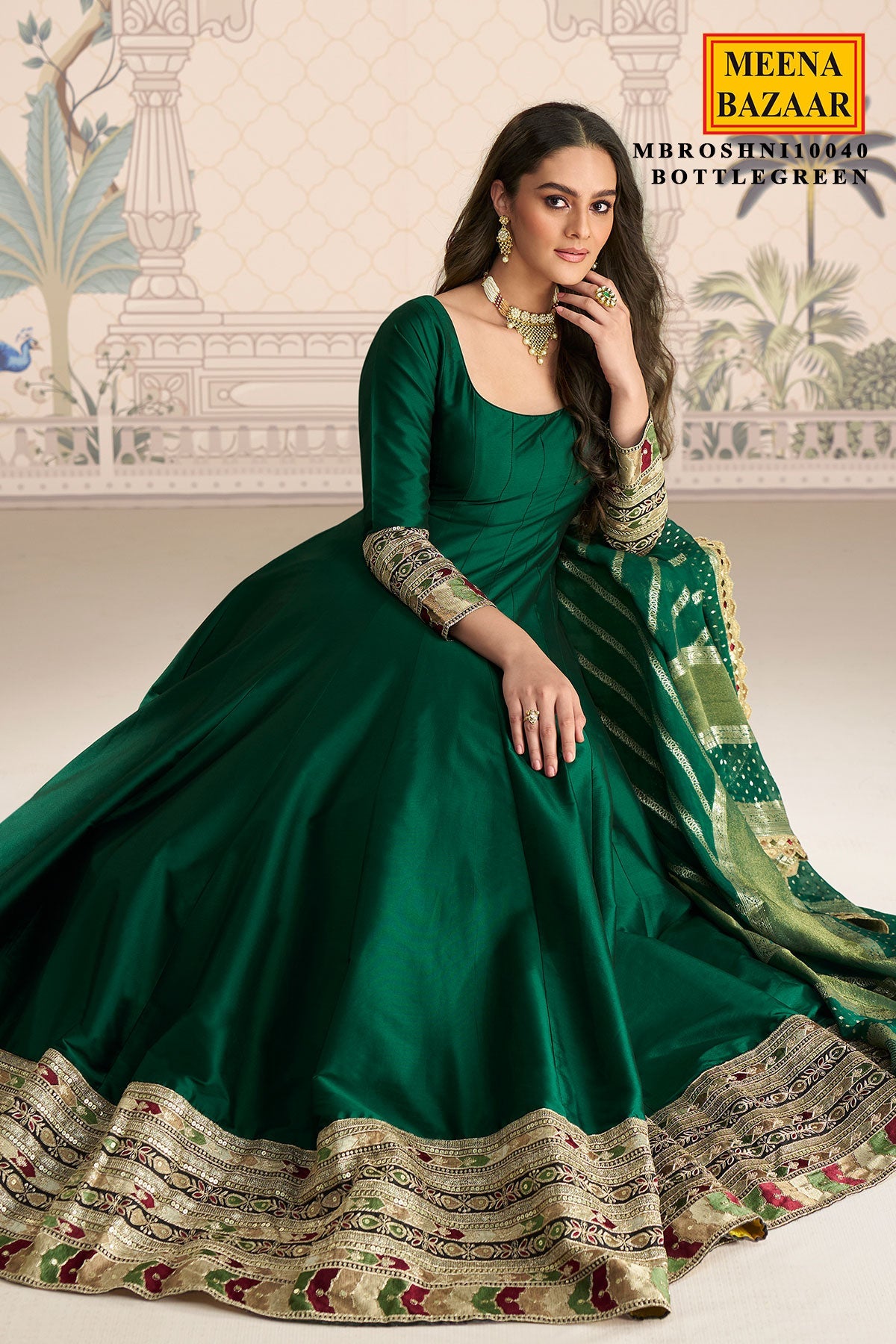 Bottle Green Silk Embroidered Gown