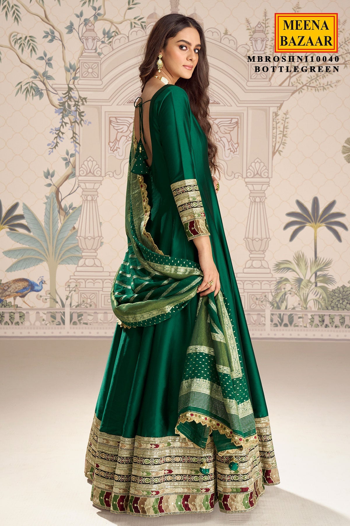 Bottle Green Silk Embroidered Gown