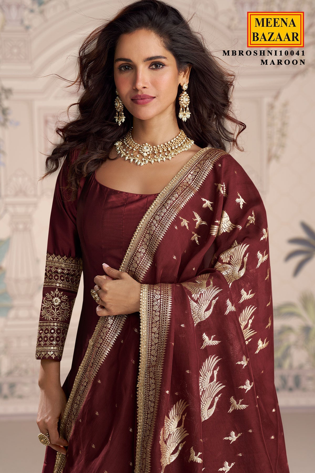 Maroon Silk Embroidered Gown