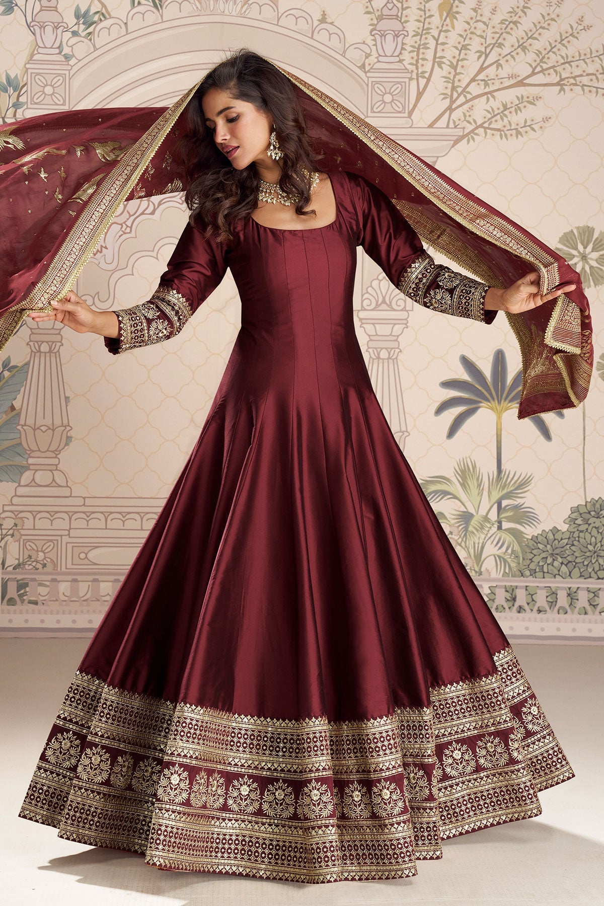 Maroon Silk Embroidered Gown