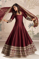 Maroon Silk Embroidered Gown
