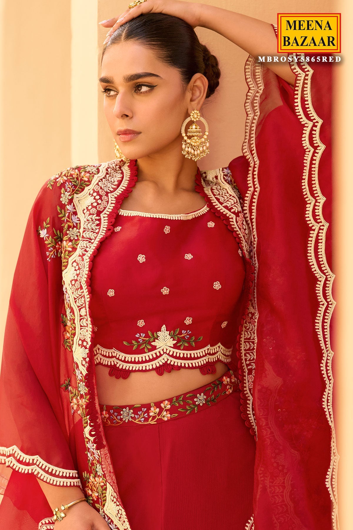 Red Organza Embroidered Kurti