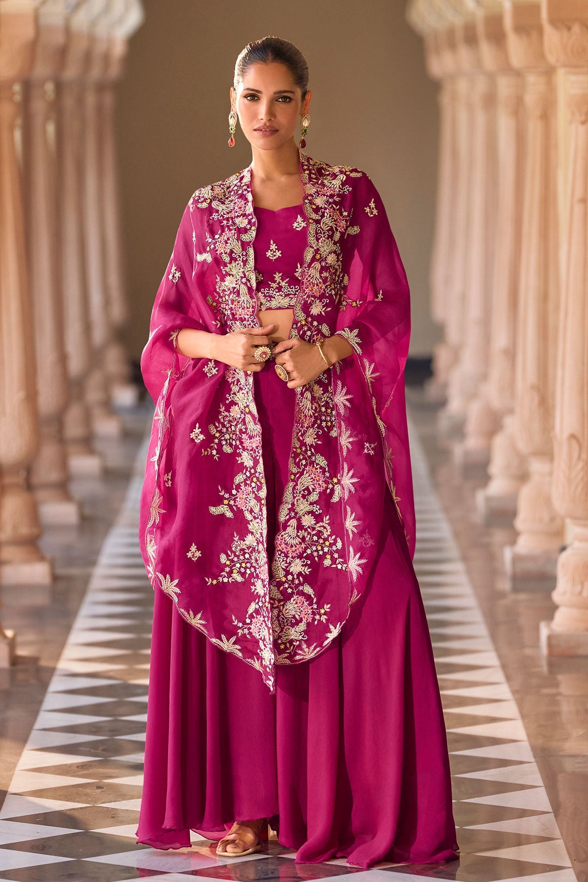 Rani Pink Thread Embroidered Cord Set for Festive Occasions