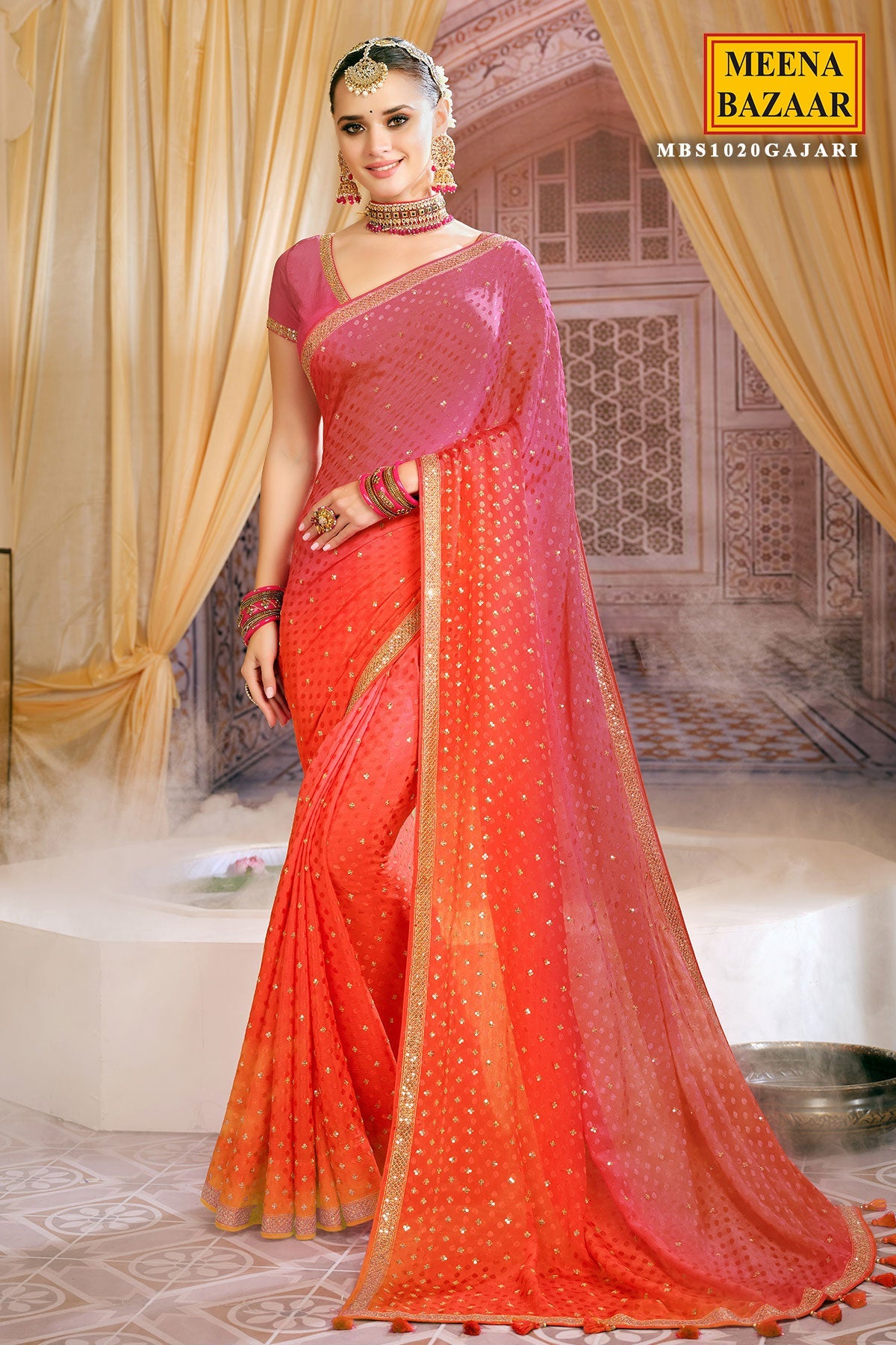 Gajari Jacquard Sequins and Zari Embroidered Saree