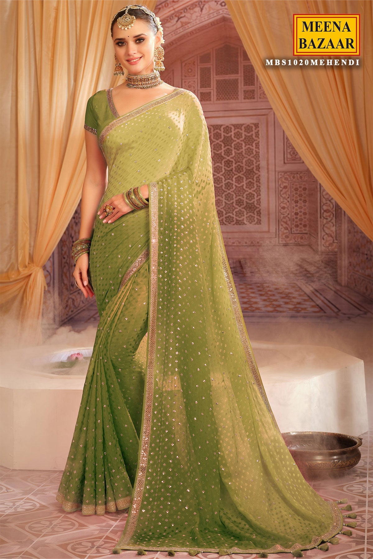 Mehandi Jacquard Sequins and Zari Embroidered Saree