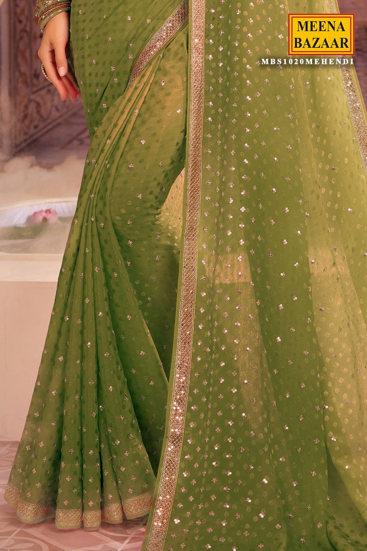 Mehandi Jacquard Sequins and Zari Embroidered Saree