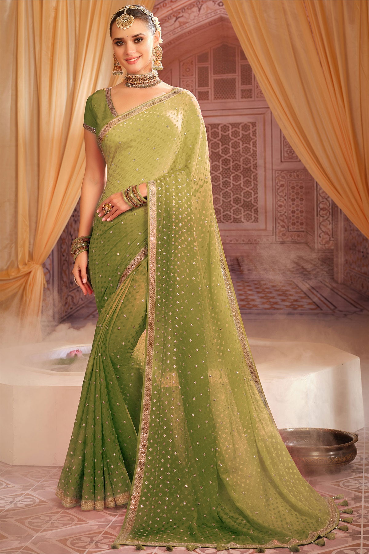 Mehandi Jacquard Sequins and Zari Embroidered Saree