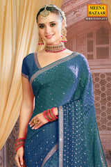Navy Georgette Zari and Sequins Embroidered Saree