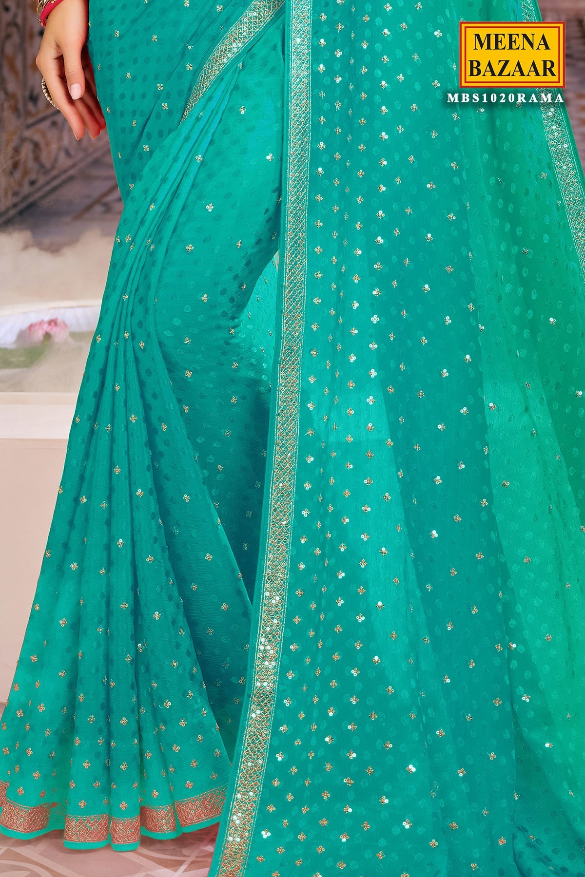 Rama Jacquard Sequins and Zari Embroidered Saree