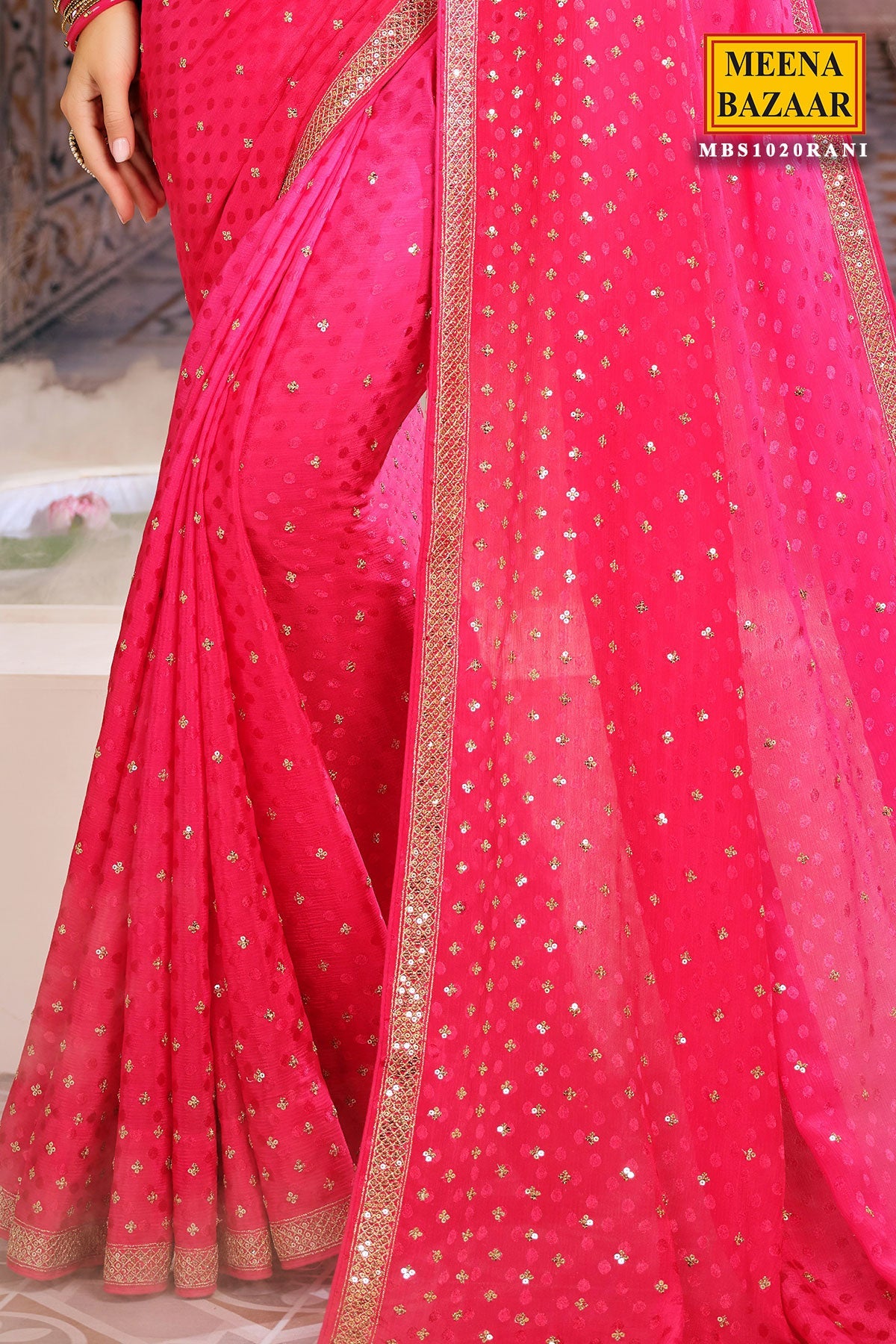 Rani-Pink Jacquard Sequins and Zari Embroidered Saree