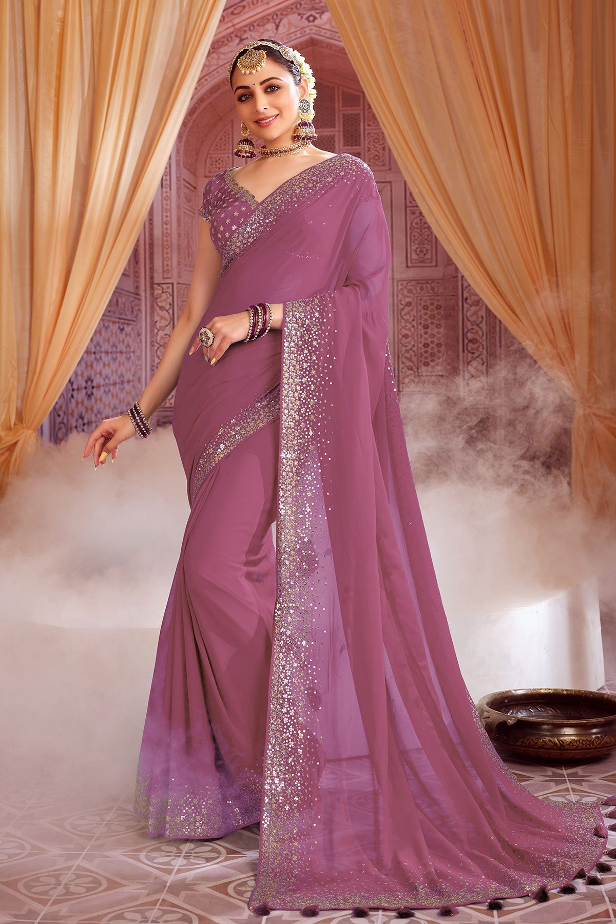 Mauve Georgette Zari and Sequins Embroidered Saree