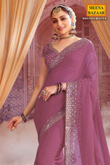 Mauve Georgette Zari and Sequins Embroidered Saree