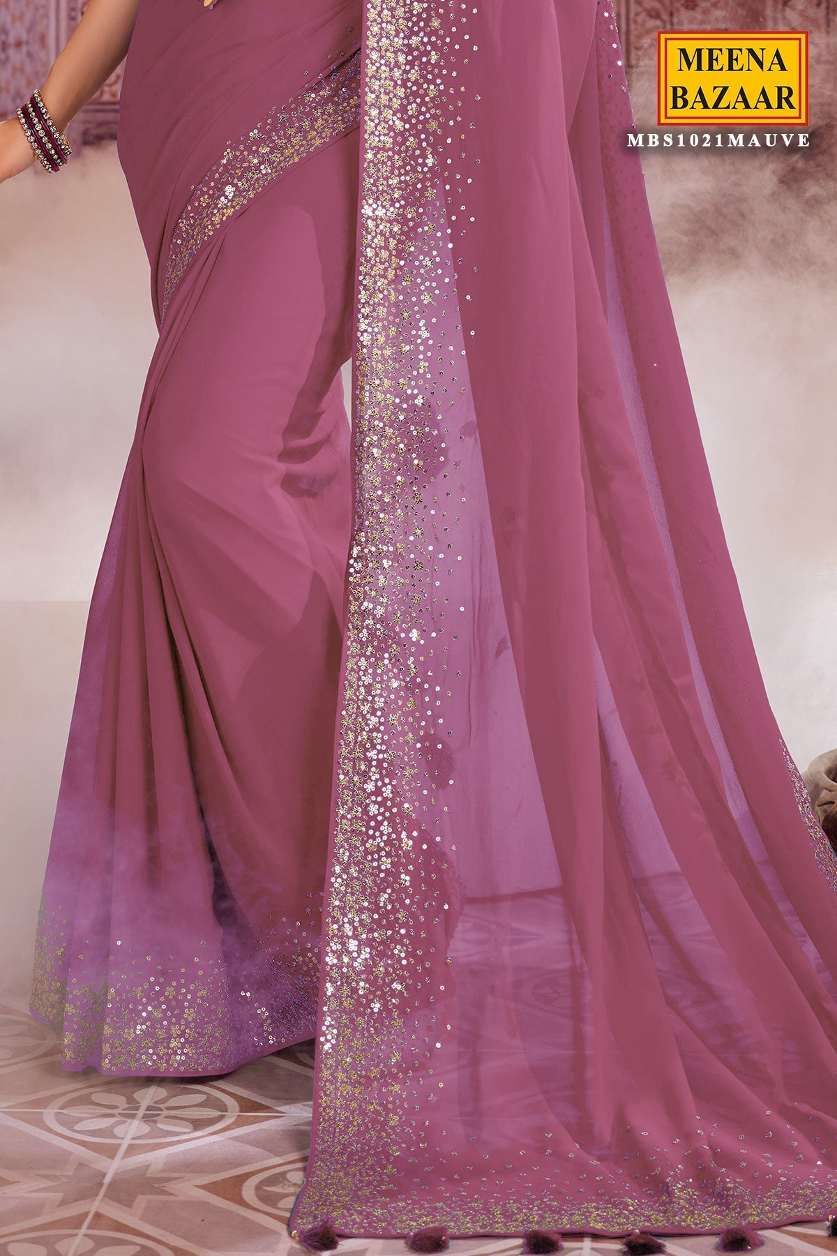 Mauve Georgette Zari and Sequins Embroidered Saree