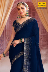 Navy Georgette Zari and Sequins Embroidered Saree