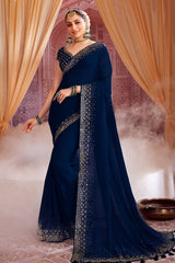 Navy Georgette Zari and Sequins Embroidered Saree